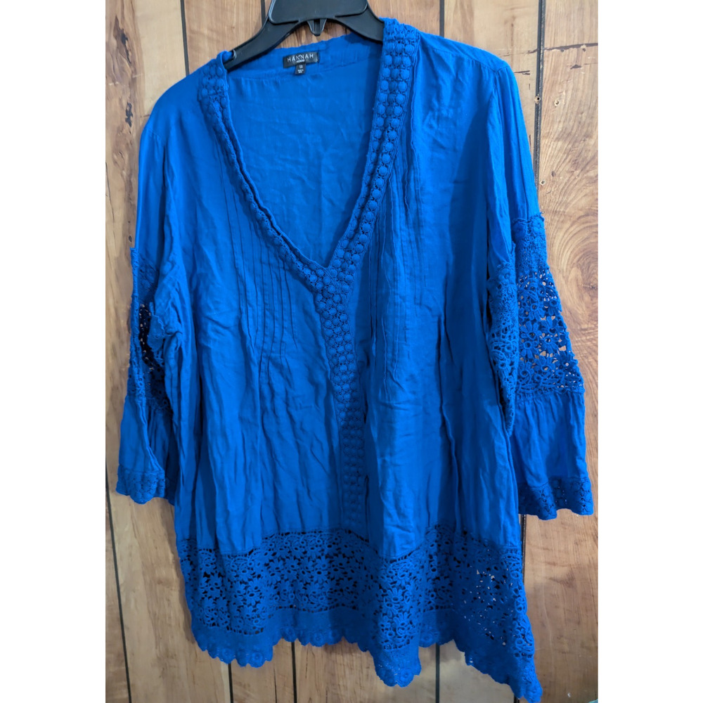 Hannah Woman Plus Size 1X Blue Top Blouse Boho Peasant‎ Floral Crocheted Blue